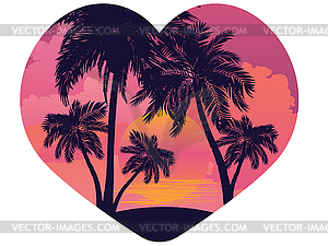 Sunrise tropical island in heart - vector clipart