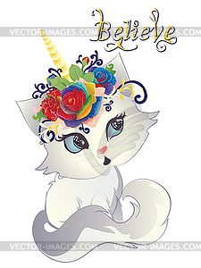 White kitten unicorn - vector image