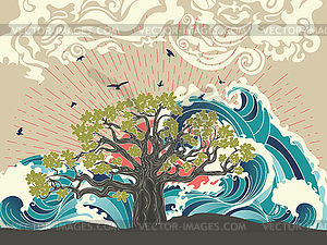 Sunset sea and tree - vector image