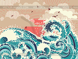 Retro ocean waves - color vector clipart