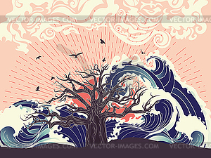 Sunset sea and tree - vector image