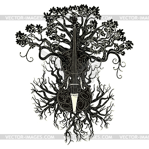 Скрипка с ветвями деревьев - изображение в векторе