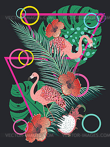 Розовый фламинго и экзотические фрукты и листья - векторный клипарт / векторное изображение