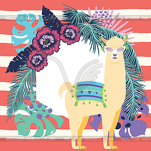 Llama with exotic leaves and flowers - stock vector clipart