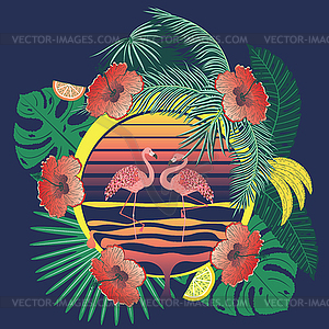 Pink flamingo and exotic fruits and leaves - royalty-free vector image