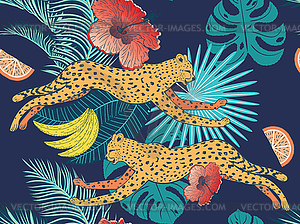 Cheetah with tropical leaves - vector clipart