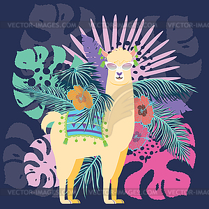 Llama with exotic leaves and flowers - vector clipart