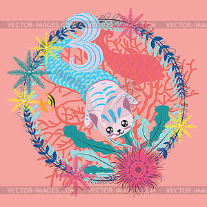 Mermaid cat with seaweed - vector clipart