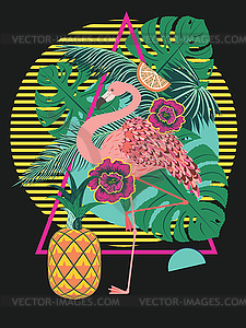 Pink flamingo and exotic fruits and leaves - vector clip art