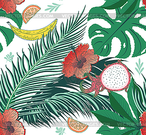 Tropical leaves and fruits pattern - vector clipart