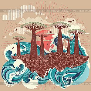 Sunset sea and tree - vector clipart