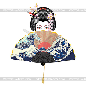 Geisha and fan with seascape - color vector clipart