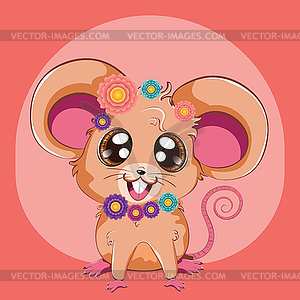 Kawaii mouse with flowers - vector clip art