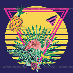 Pink flamingo and exotic fruits and leaves - vector image
