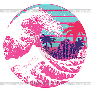 Retro great waves design with palms - vector clip art