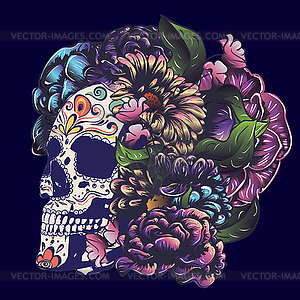 Sugar skull with flowers - vector clip art