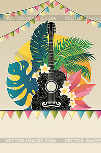 Retro guitar with tropical leaves - color vector clipart