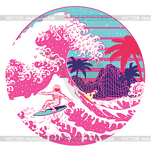 Spaceman surfing great wave - vector clip art