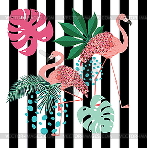 Pink flamingo with stripes - vector image