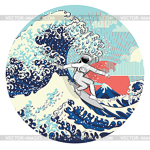 Spaceman surfing great wave - vector image
