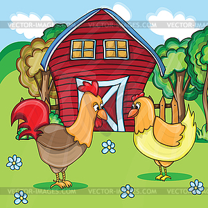 Rooster and chickens on bacgroung of rural landscape - vector clipart / vector image