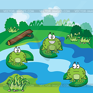 Little frogs in pond - vector image