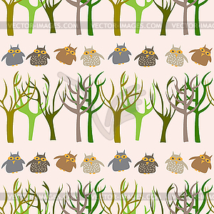 Forest seamless pattern with cute owls - vector clip art