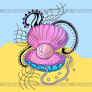 Marine cockleshell with pearl - vector image