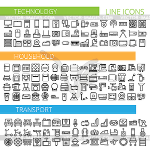 Thin line icons for technology household transport - vector image