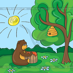 Funny cartoon - cute bear with honey - vector EPS clipart