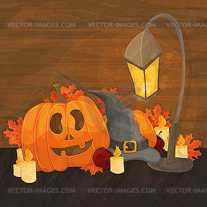 Cartoon for halloween - hat, lantern, pumpkin on - vector image