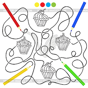 Coloring page with cupcake drawing game for children - vector clipart