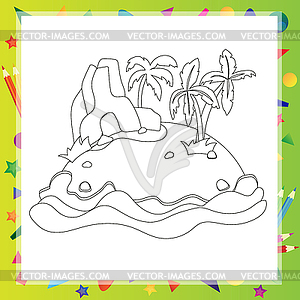 Outlined Cartoon Island With Palm Tree and rock - vector image