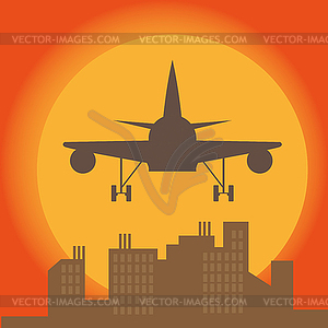 Plane in front of big city silhouette, flat style - vector EPS clipart