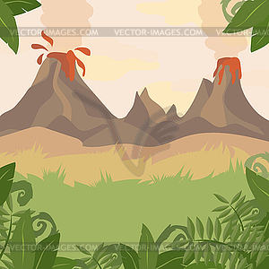 Forest Landscape with Volcano and jungle plants - vector EPS clipart