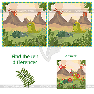 Funny dinosaurs. Find 10 differences. Educational - vector clipart