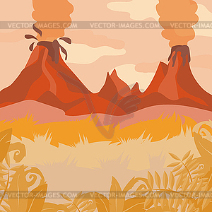 Red Forest Landscape with Volcano and jungle plants - vector image