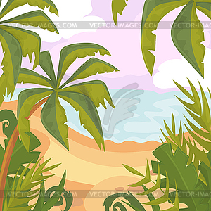 Summertime on beach. Palms and plants. Cartoon . - vector image