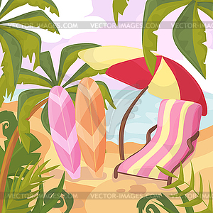 Summertime on beach. Palms and plants around.Cartoo - vector clipart