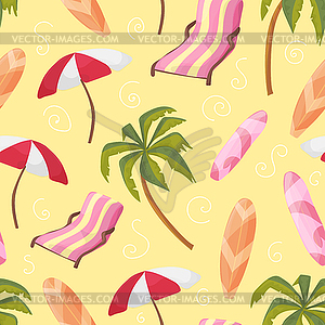 Beach equipment loungers, palm tree, board, - vector clip art