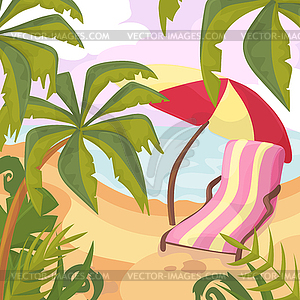 Summertime on beach. Palms and plants around.Cartoo - vector clipart