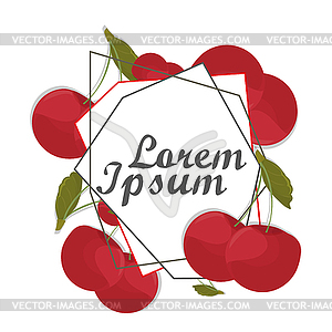 Red cherry card, frame. Engraving, drawing fruits. - vector image