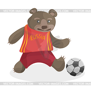 Cute cartoon bear playing football in russia t-shir - vector clip art