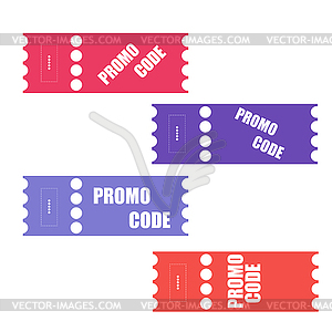 Промо-код, код купона. Дизайн плоского набора билетов - векторный клипарт / векторное изображение