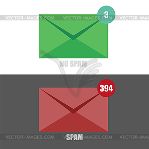 Спам электронной почты без спама с красным и зеленым конвертом на - векторный клипарт Royalty-Free