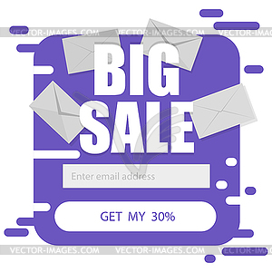 Template for email subscribe in purple. Big sale - vector clip art