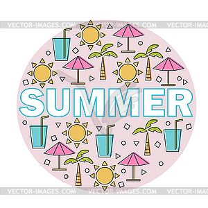 Summer lettering with linear icons and signs - color vector clipart