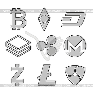 Set of cryptocurrency icons. Line design in grey - vector clip art