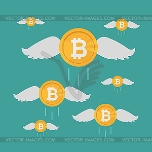 Bitcoin Coin Flies with Wings, Crypto Currency - vector image