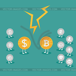 Real money vs Bitcoin virtual money. Crypto Currenc - vector image